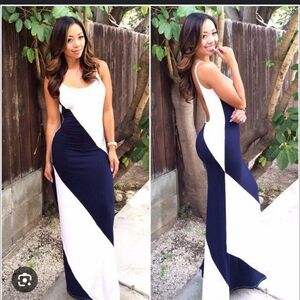 Fashion Nova Blue and White Asymmetrical Trumpet Maxi Dress